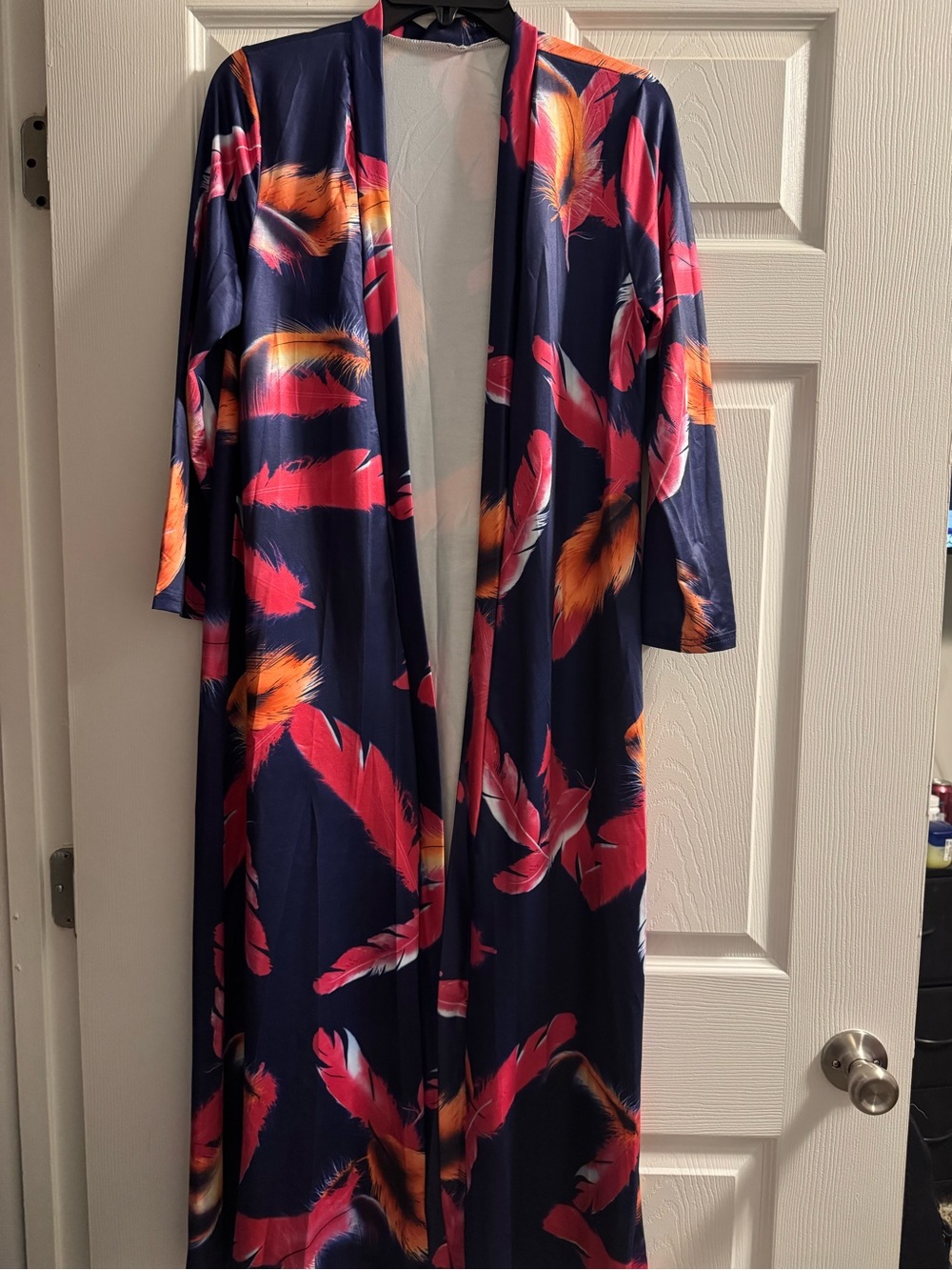 Navy Feather-Print pant with Long Duster Cardigan - Picture 2 of 3
